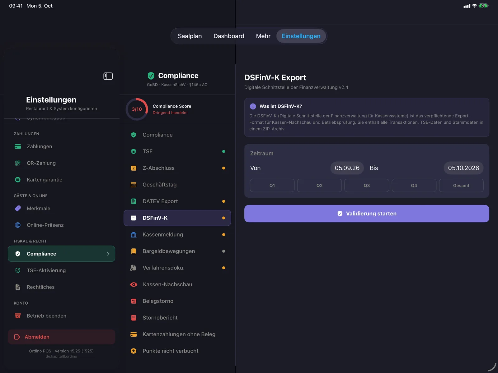 Compliance-Bereich mit DSFinV-K-Export, TSE-Status und Z-Abschluss